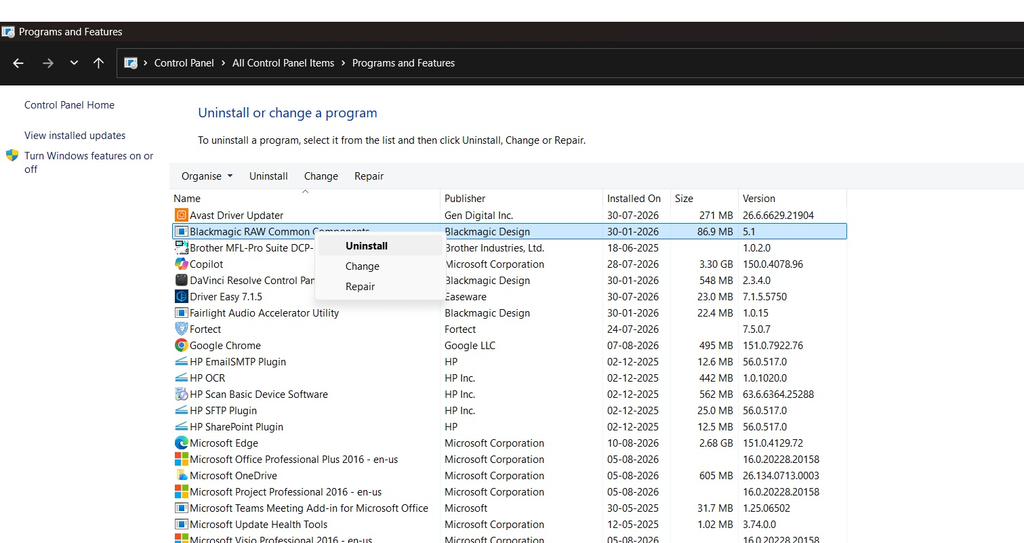 uninstall programs control panel 